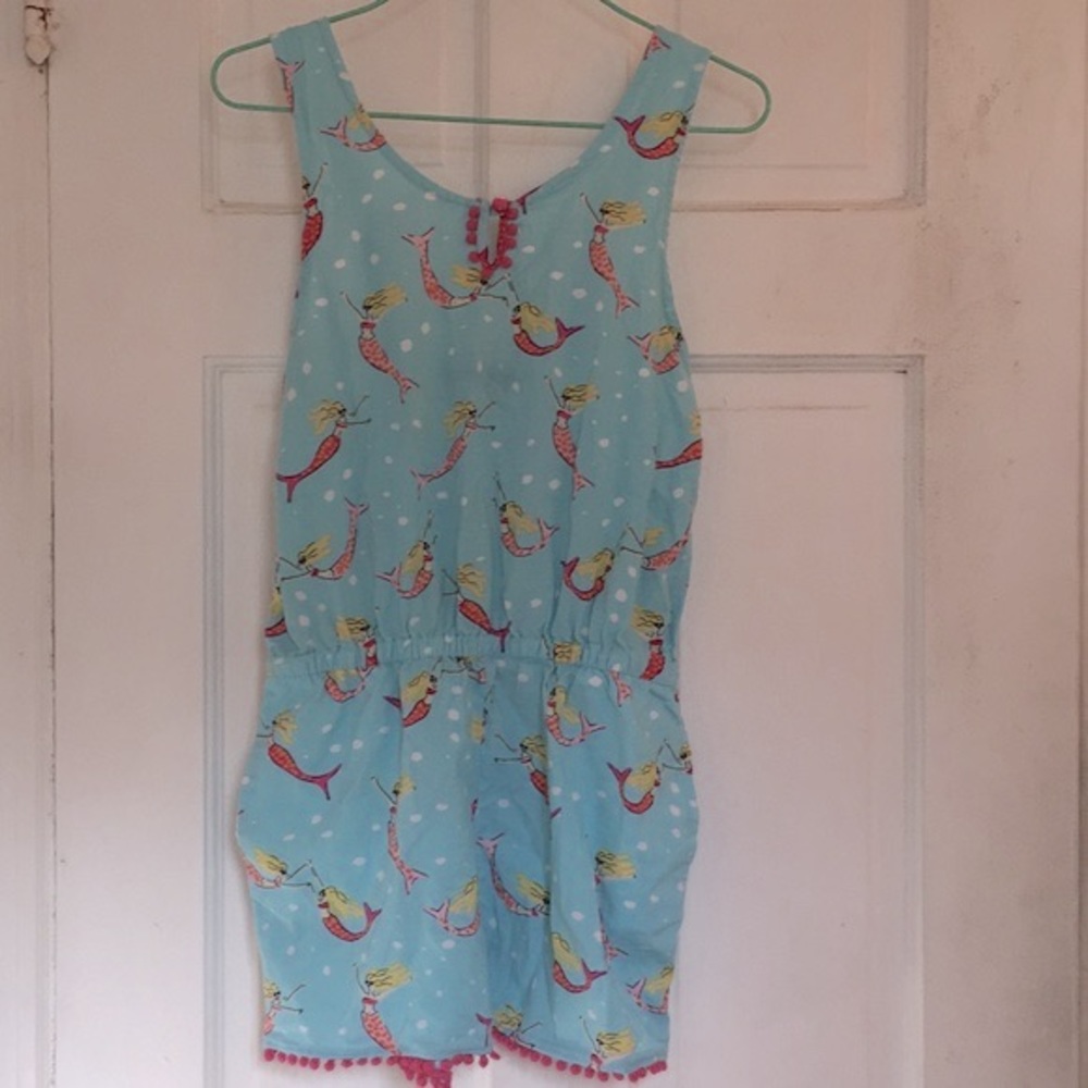 Lands' End Light Blue Mermaid Print Romper with Pink Pom Trim in size 7-8